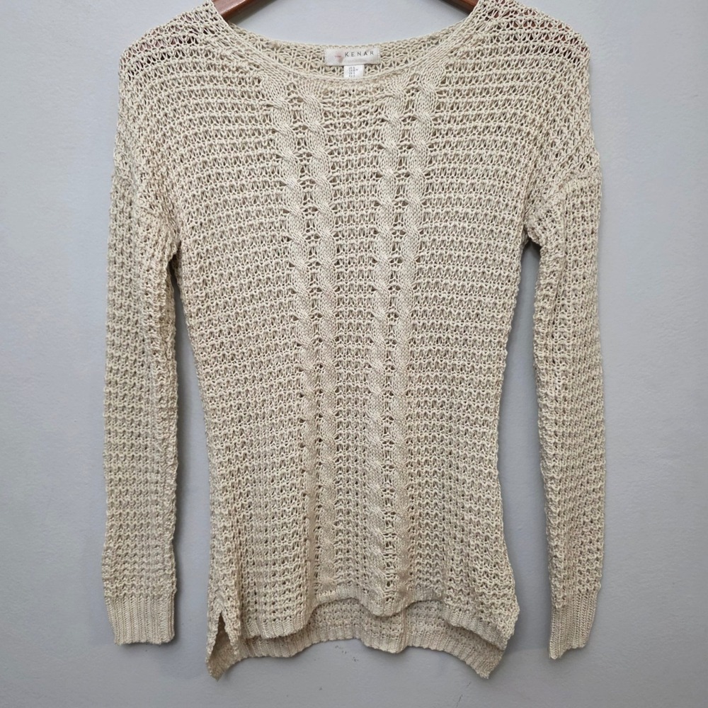 Kenar Sweater Women Small Cream Boho Open Cable Knit‎ Long Sleeve Lightweight